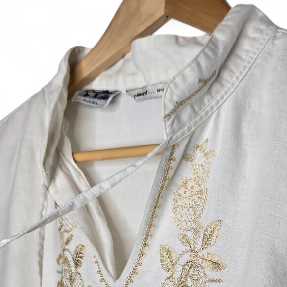 Edward Irish 100% Irish Linen Women White Metallic Gold Floral Embroidered 3X - Picture 4 of 9